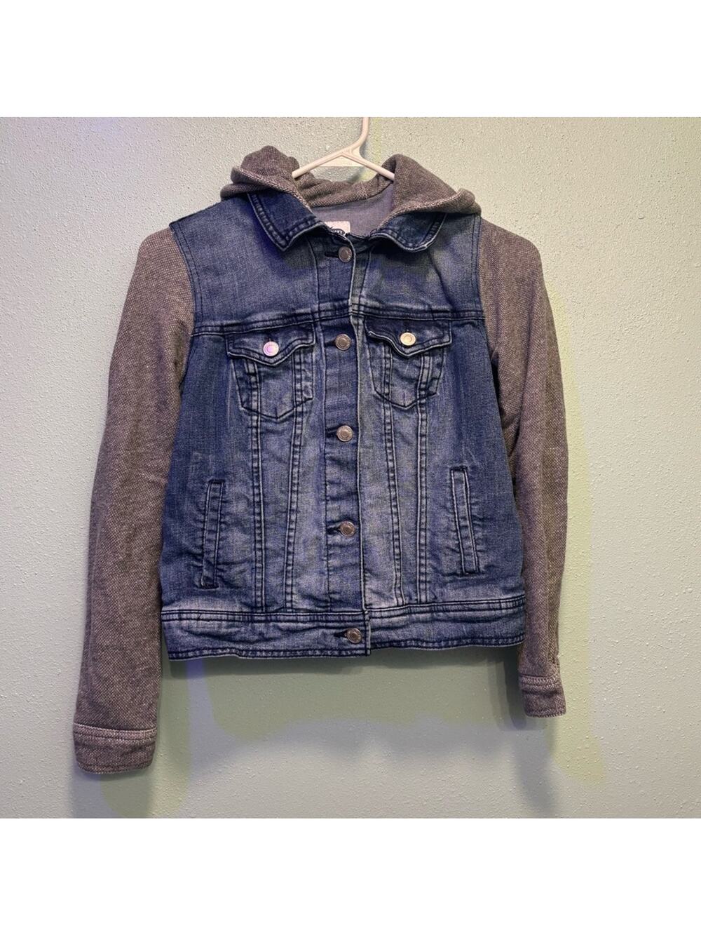 Old Navy Juniors Blue Denim Hooded Jacket with Gray Sleeves Size Small